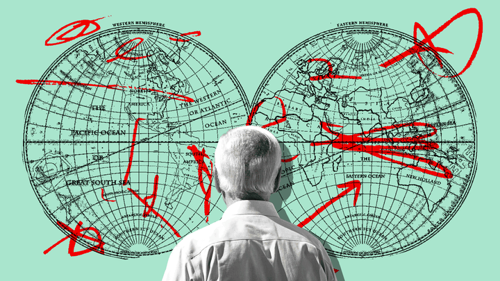 An illustration of Joe Biden looking at a map of the world.