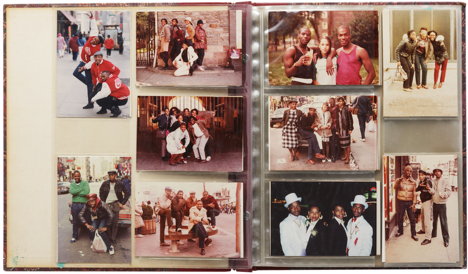 photo of physical photo album open to page with 10 photos of people in various groupings