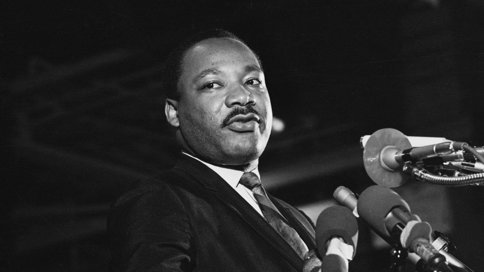One of the last pictures to be taken of Dr. Martin Luther King Jr., speaking to a mass rally April 3, 1968, in Memphis
