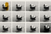rows of images of two people in a boat, with the people cut out of the photos; the one in the top left corner is covered with a yellow splotch