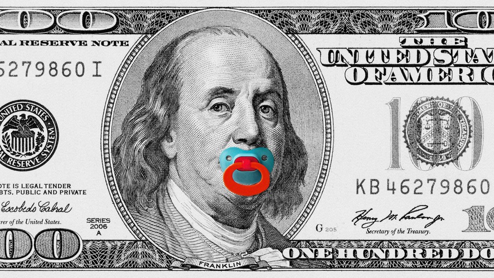 Art of a $100 bill with a pacifier in Benjamin Franklin's mouth