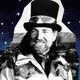 Cutout of Willie Nelson with a top hat against blue background of stars