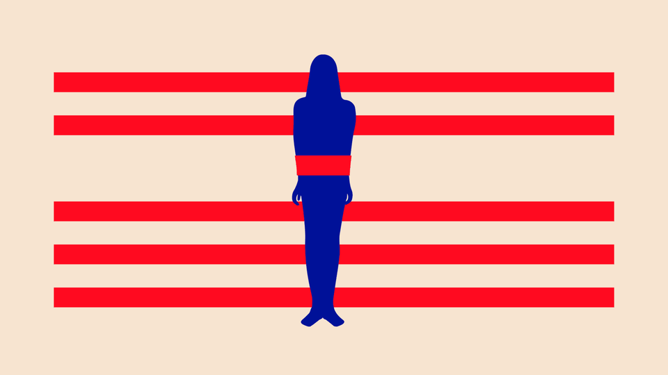 A woman bound by the stripes of the American flag