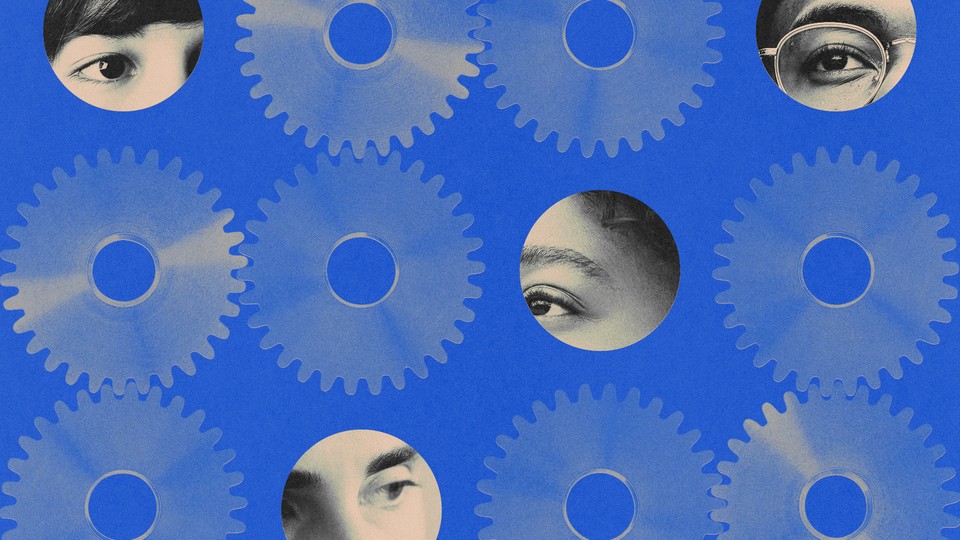 An array of circular metal gears turning with some of the gear slots replaced with black-and-white photographs of people