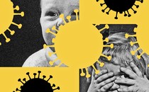 A baby and a toddler against a background of yellow-and-black COVID virus particles