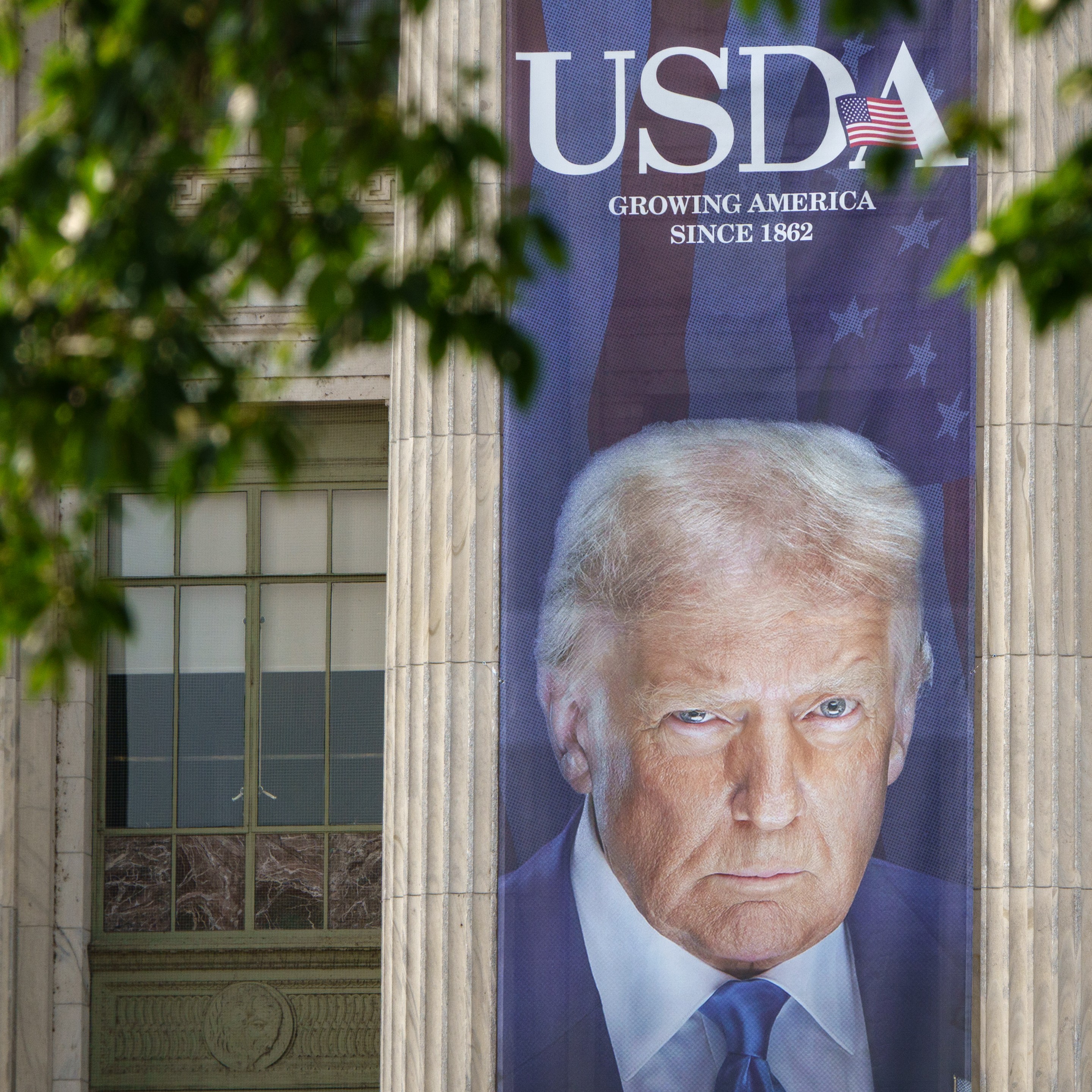 a banner of Donald Trump