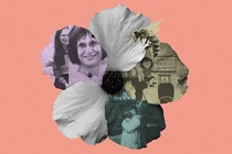 A collage of flower petals, photos of Deborah Roffman, and a sex education cartoon