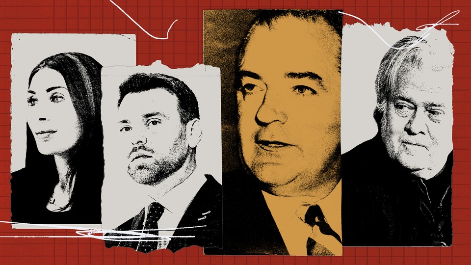 From left to right, black in white photos on a red background: Laura Loomer, Jack Posobiec, Joseph McCarthy, Steve Bannon