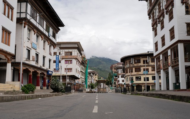 General view of the deserted Norzin Lam road, the main artery of Bhutan's capital, during a government-imposed nationwide lockdown as a preventive measure against the COVID-19 coronavirus, in Thimphu on August 13, 2020