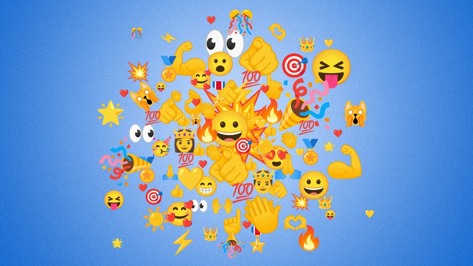 an exploding cluster of emojis set against a blue background
