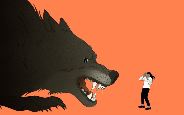 An illustration of a giant wolf with a woman cowering in fear in front of it.