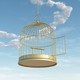 Gold bird cage with the door open hanging in front of a blue sky with white clouds