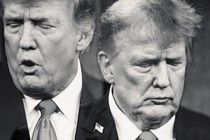 Two black and white photos of Donald Trump side by side.