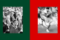Cheery pictures of soccer over the green and red of the Iranian flag