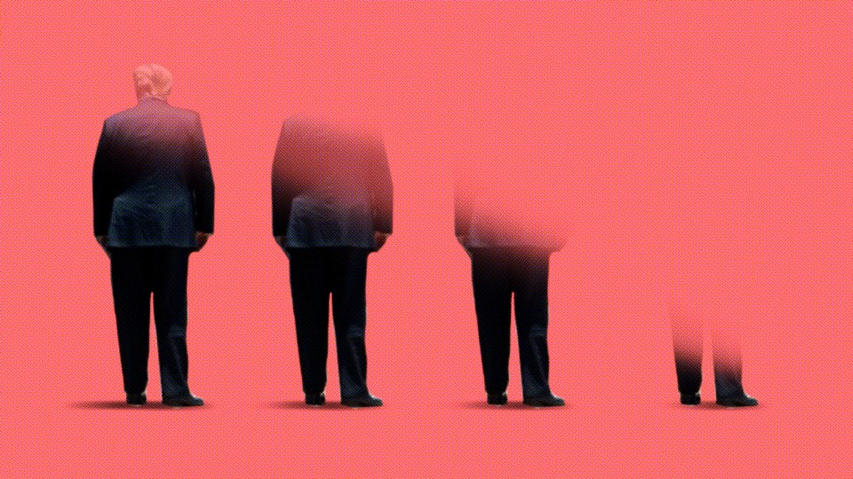 A gradually disappearing Donald Trump, seen from behind