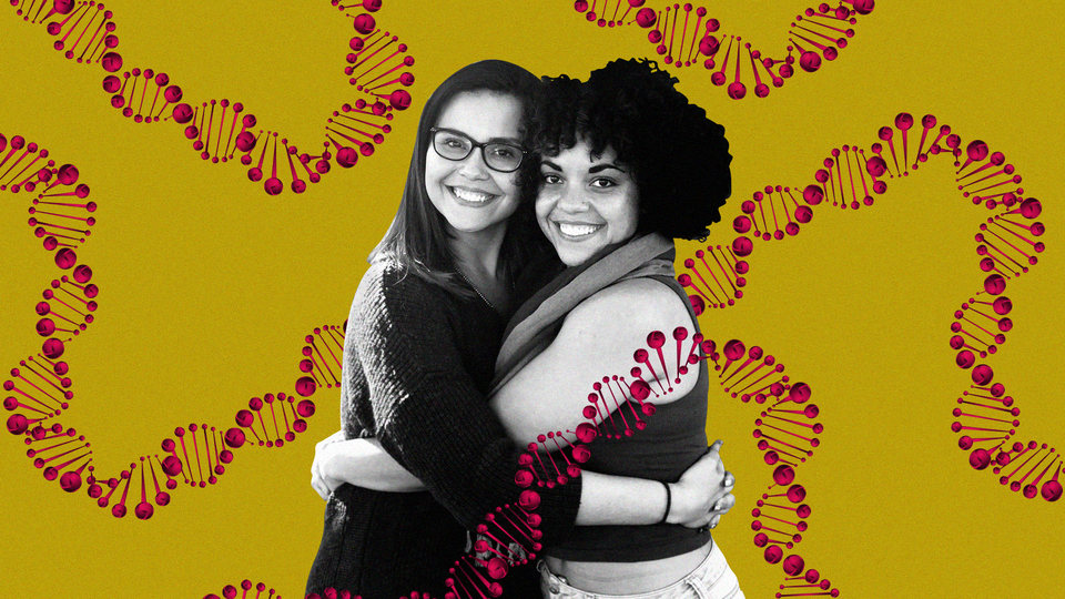 A photo illustration of two young women embracing against a background of DNA strands