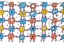 Illustration of a grid of cartoon app icons, dancing around on a white background