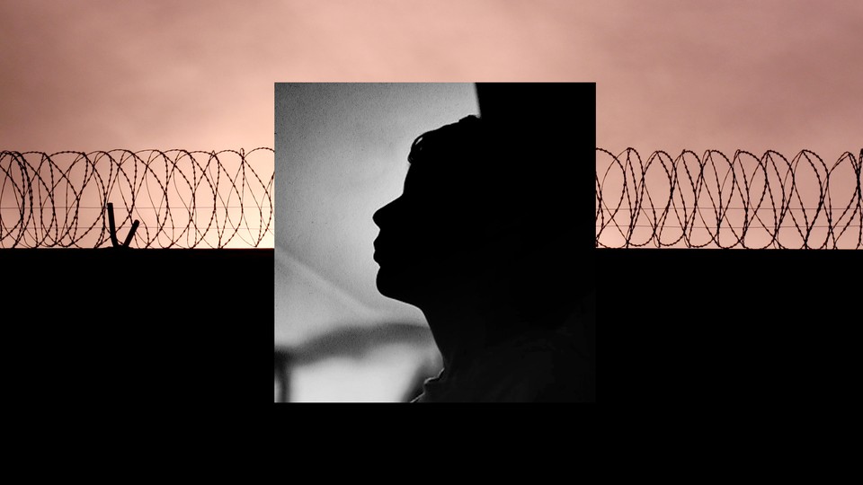 Image of silhouette of a teen, superimposed on image of barbed wire under a pinkish cloudy sky