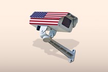 A graphic illustration of a surveillance camera printed with a U.S. flag pattern on it.