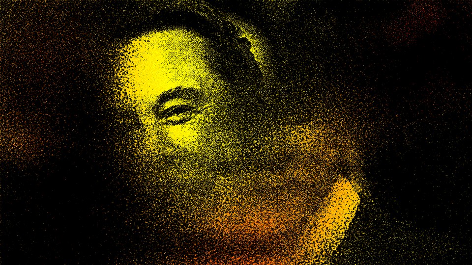 An illustration of Elon Musk's face, rendered in yellow and orange, with his bottom half disintegrating as if made of dust