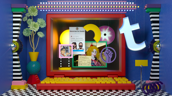 A collage illustration of a museum exhibit of Tumblr and Tumblr-inspired elements