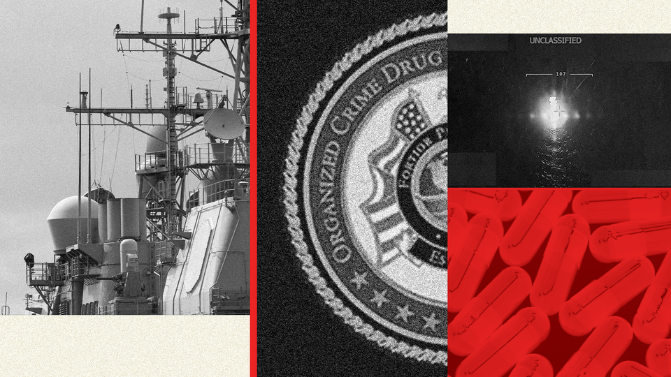 A collage including black-and-white images of a war ship, a partial seal with the words "Organized Crime Drug," and an "unclassified" image of missile target