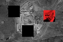 Collage of map of site where drone attack happened, picture of Biden, and two black squares