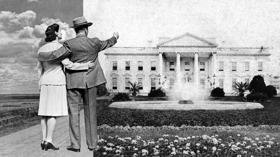 A black and white photograph collage of a couple in modest suits. The man is gesturing toward the White House.