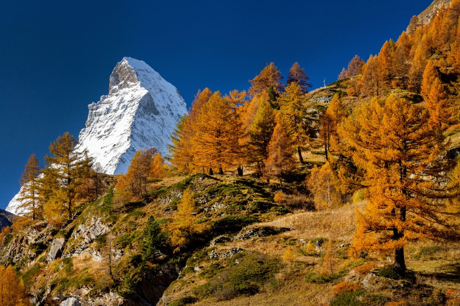 A steep snow-covered mountain stands in the background with autumn-colored trees in the foreground.