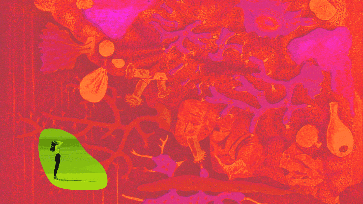A GIF of a woman looking at cutouts of plants on a textured pink background