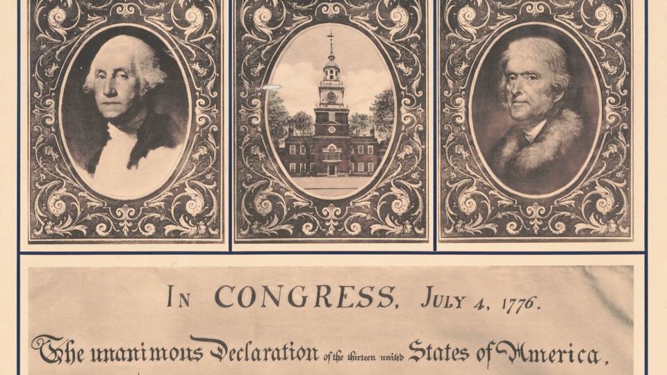 A lithograph print showing Independence Hall, Washington, and Jefferson
