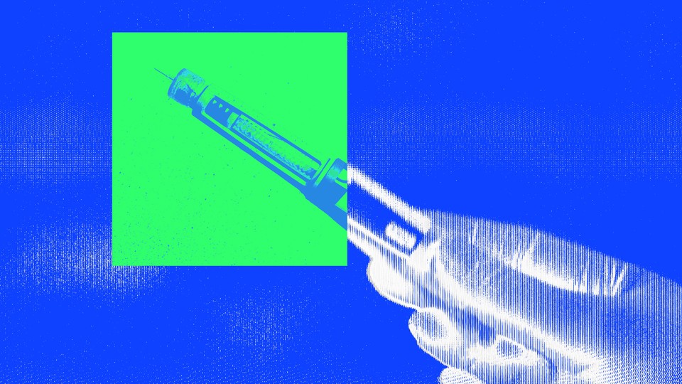 A hand holds a GLP-1 pen in bright-blue high contrast; a neon-green square overlays the end of the pen.