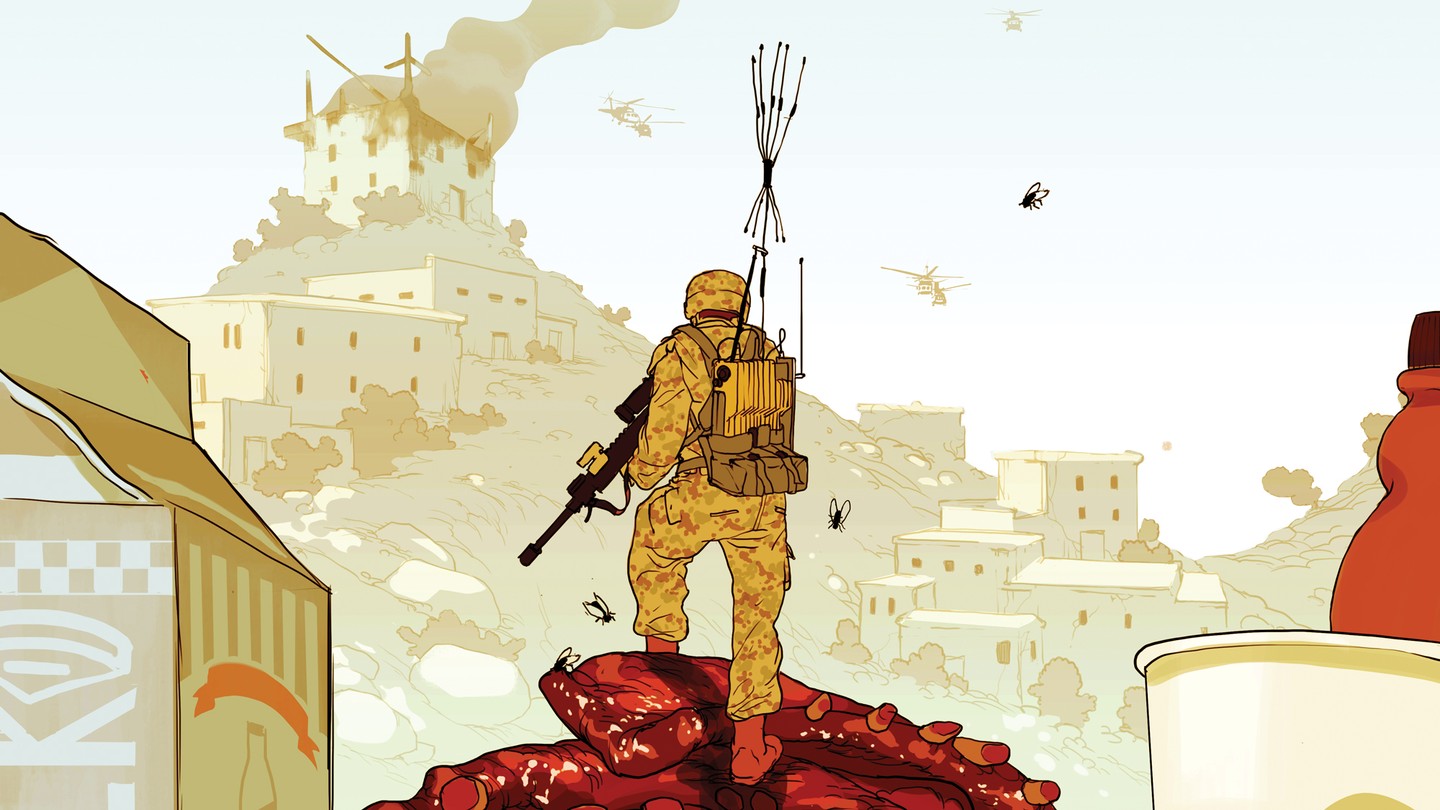 an illustration of a soldier standing atop a giant set of ribs