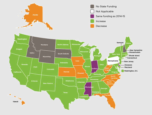 A map showing the only states in the nation without pre-k funding are Idaho, Montana, Wyoming, South Dakota, and New Hampshire.