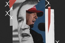 An illustration featuring a photo of Pat Buchanan and a photo of Donald Trump, backgrounded by a fence