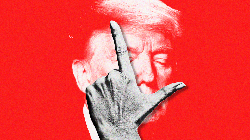 Illustration of a hand making the letter "L" in front of Trump's face.