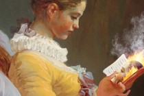 Illustration based on Fragonard's painting "Young Girl Reading" of a girl in yellow dress reading a book, with a mirror image of the girl appearing out of the book along with flames and smoke