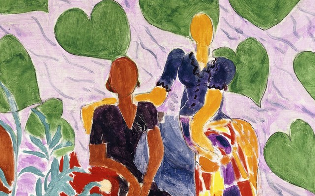 Marker-like color drawing of two women sitting next to each other in an interior setting, surrounded by hearts.