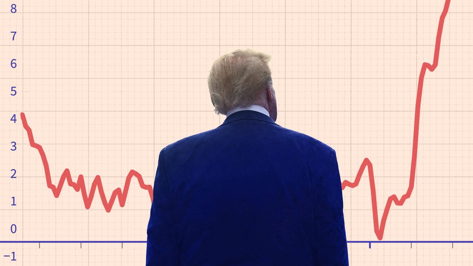 An illustration of Trump gazing at a line graph.