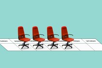 An illustration of four office chairs overlaid on a weekly calendar