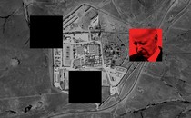 Collage of map of site where drone attack happened, picture of Biden, and two black squares