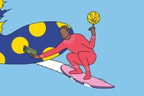 illustrated man reading and spinning ball while surfing