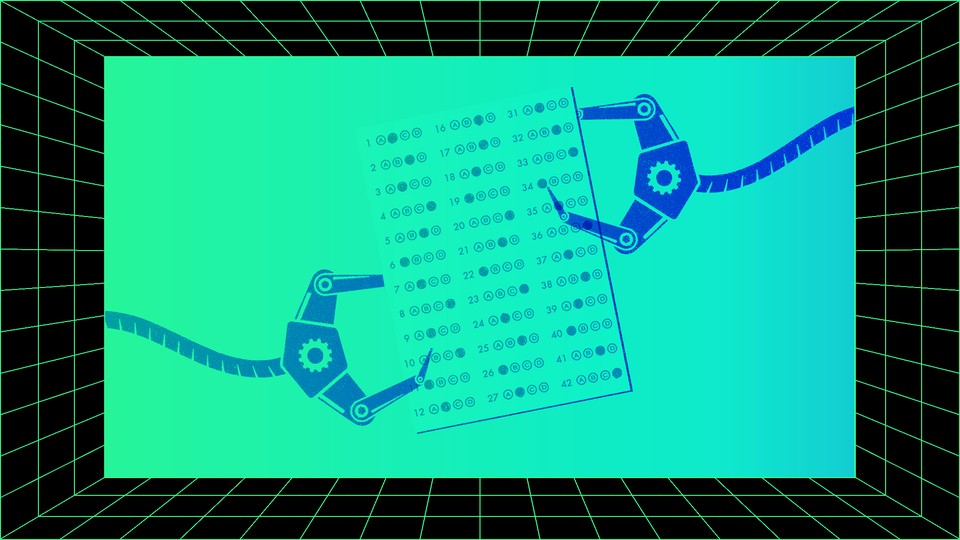 Illustration of robotic hands holding Scantron tests