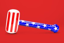 An inflatable hammer in red, white, and blue