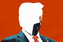 Graphic illustration showing a silhouette of Donald Trump, the head filled with a faraway photo of Trump looking clueless.