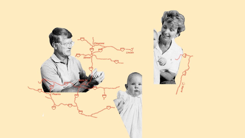 Black-and-white photos of a man, a woman holding a baby, and a baby are collaged onto a peach-colored background with red map lines printed on top.