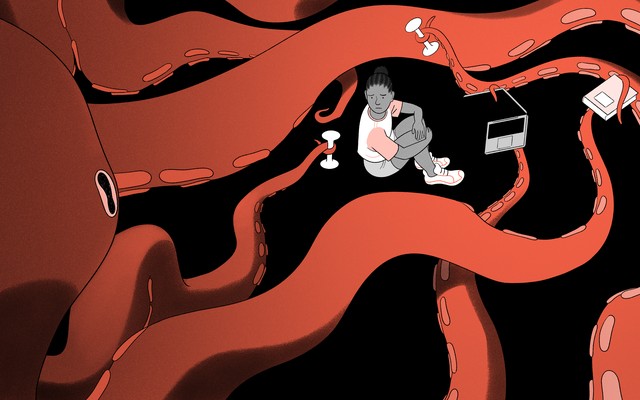 An illustration of a girl surrounded by octopus tentacles, which hold dumbbells, a book, and a laptop