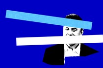 An illustration of Elon Musk with blue and white collage over him