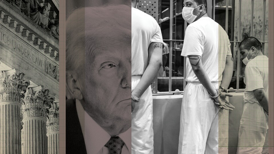 A photomontage of Donald Trump and Venezuelan deportees