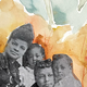 archival black-and-white photo of Ida B. Wells with another woman and two children with watercolor painting of human figure and trees